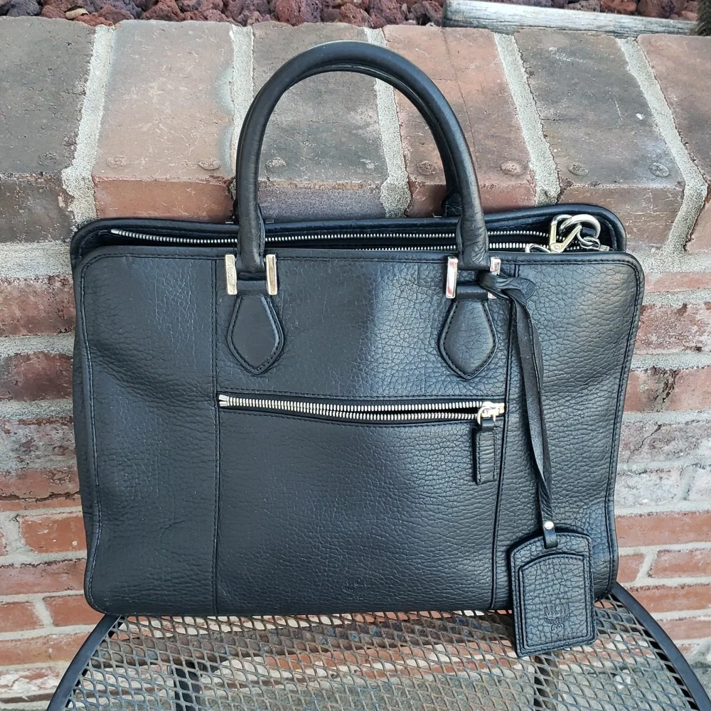 MCM Unisex Black Leather Messenger Laptop Bag Designer Convertible Professional